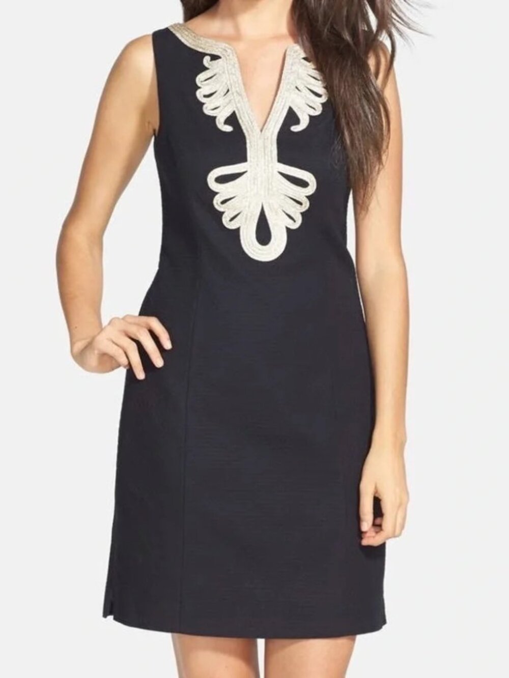 LILLY PULITZER Janice DRESS Size Medium/8, shift black w gold trim